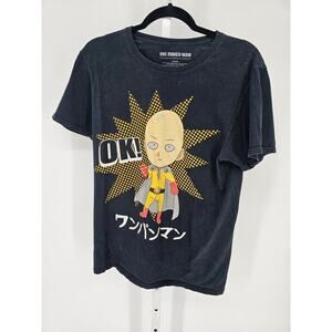 One Punch Man Women's Black Short Sleeve Round Neck OK Text Printed Top Size M